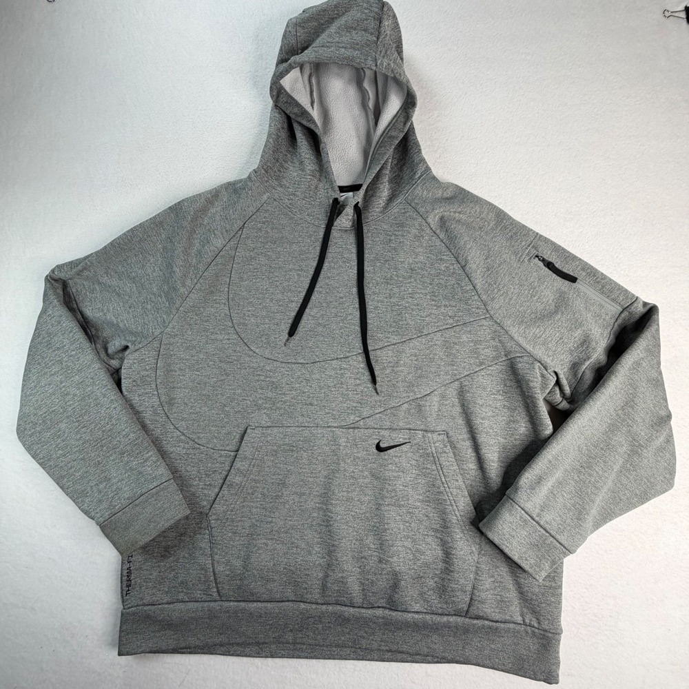 Nike Therma-FIT Hoodie Mens XL Gray Big Swoosh Pullover Sleeve Pocket Training